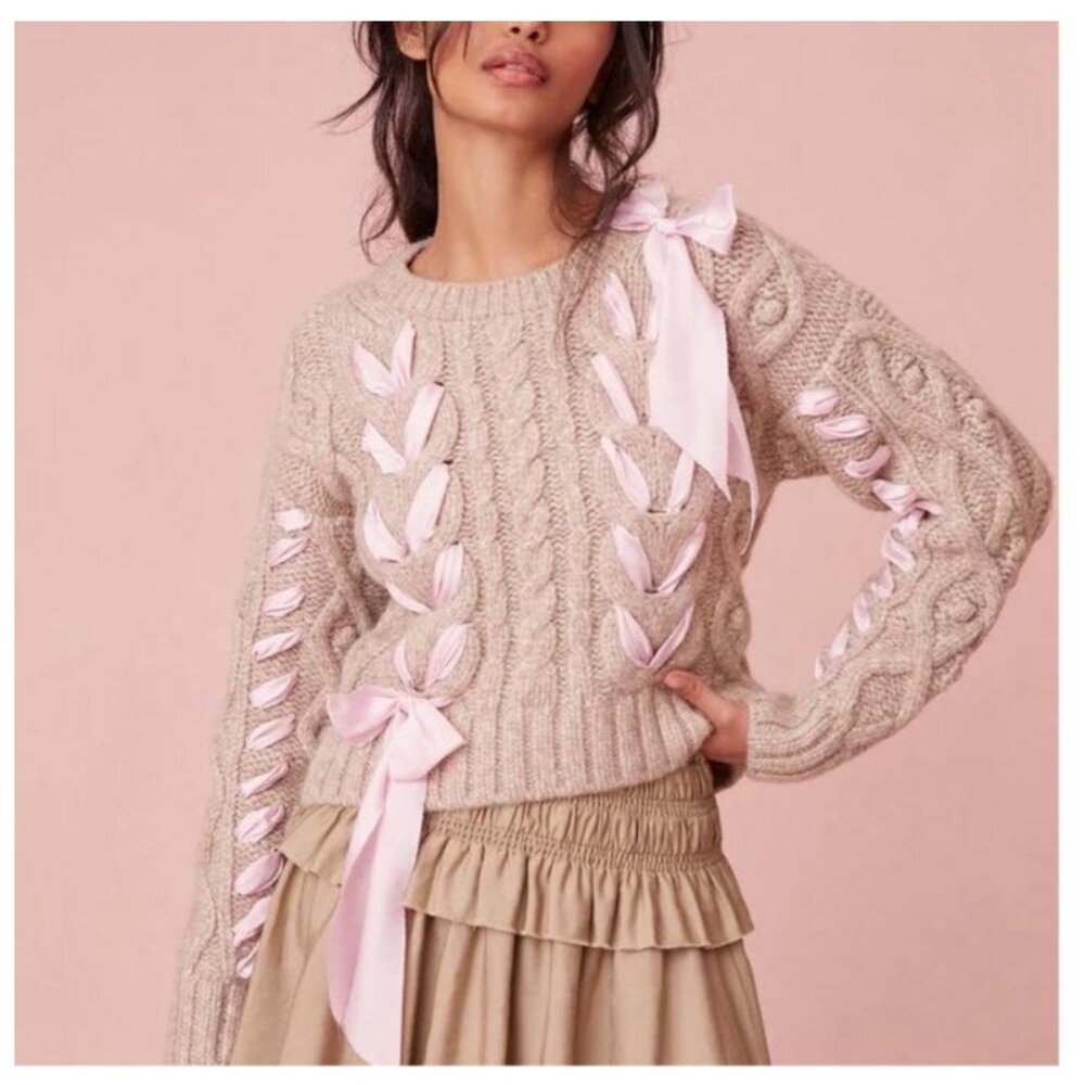 Juliana's Braided Pink Ribbon Cropped Chunky Cable Knit Sweater Taupe SIZE SMALL